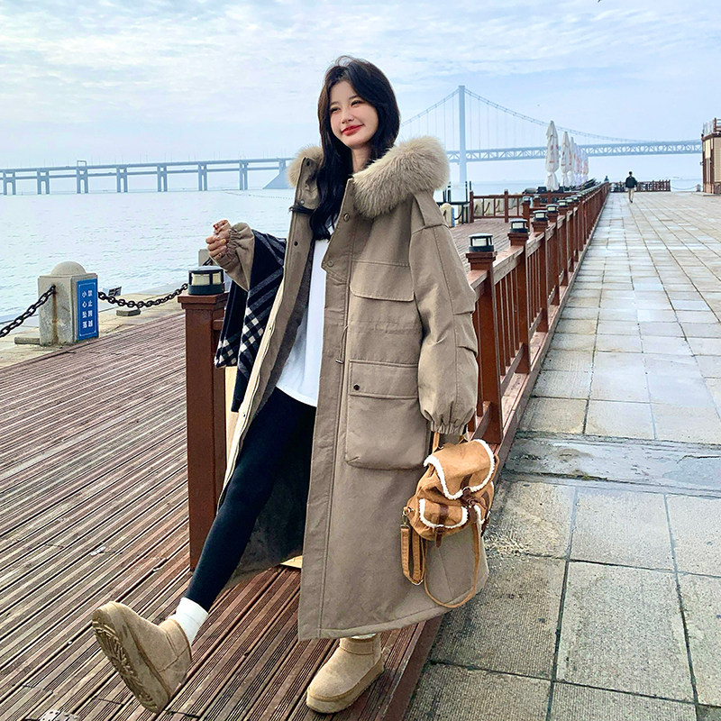 卡其绿大毛领派克服女2025年冬季中长款时尚韩系过膝保暖连帽外套,女装派克服,2C226