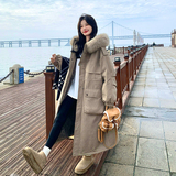 卡其绿大毛领派克服女2025年冬季中长款时尚韩系过膝保暖连帽外套，女装派克服，2C226