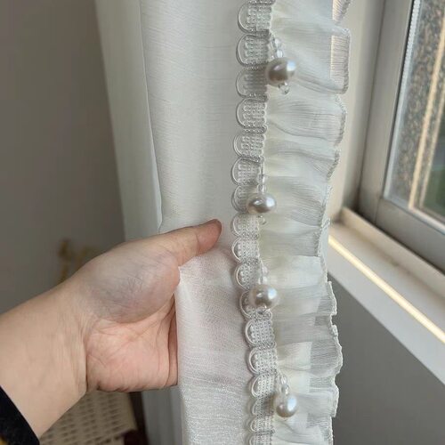 白色网纱珍珠蕾丝花边辅料 窗帘竖拼立边窗幔接缝装饰褶皱荷叶边