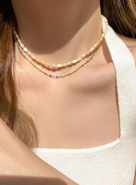 彩色串珠复古项链女高级感个性锁骨链轻奢小众设计感高级颈链
