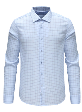 F3302恺米换季断码清仓秋季男士浅蓝色格子全棉免烫商务长袖衬衫