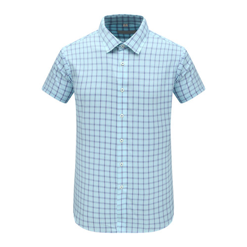 蓝格子舒适透气全棉免烫短袖衬衫