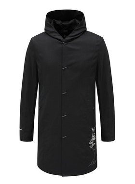 H1081换季断码清仓秋冬款男式中长款黑色连帽轻薄休闲刺绣棉服