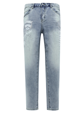 H968换季断码清仓秋季款青年男99％棉浅蓝中腰修身时尚刺绣牛仔裤