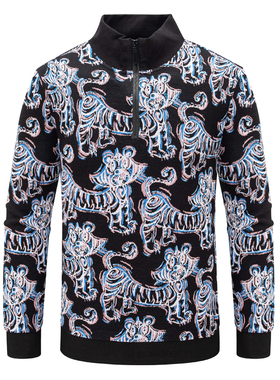 H911换季断码清仓秋季男士42％棉时尚印花拉链半高领套头长袖卫衣