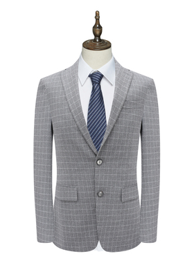 B1587鸟断码清仓春秋款男士商务绅士灰色格子两粒扣后中开叉西装