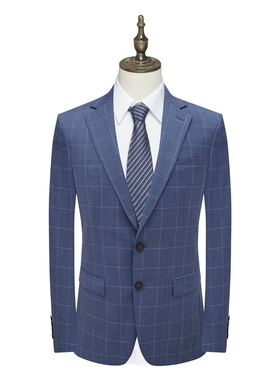 B1540鸟断码清仓春秋款男士商务正装蓝色格纹绵羊毛两粒扣单西服