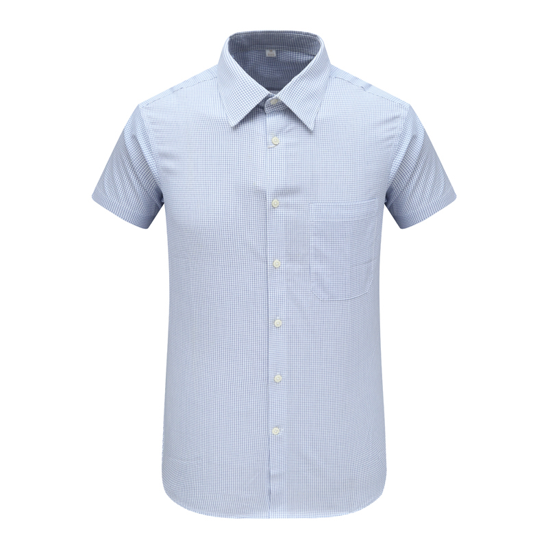宽松全棉蓝色格子免烫短袖衬衫