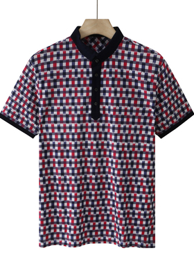 CA111卡断码清仓夏季中年男士简约休闲格子拼色小立领全棉短袖T恤