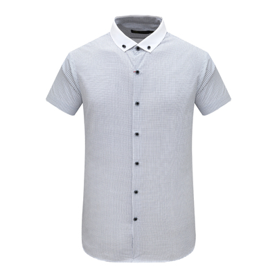 商务休闲蓝白小格子全棉短袖衬衫
