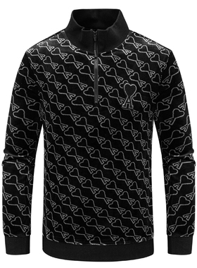 H927换季断码清仓秋季男士时尚潮流黑色印花拉链立领套头长袖卫衣