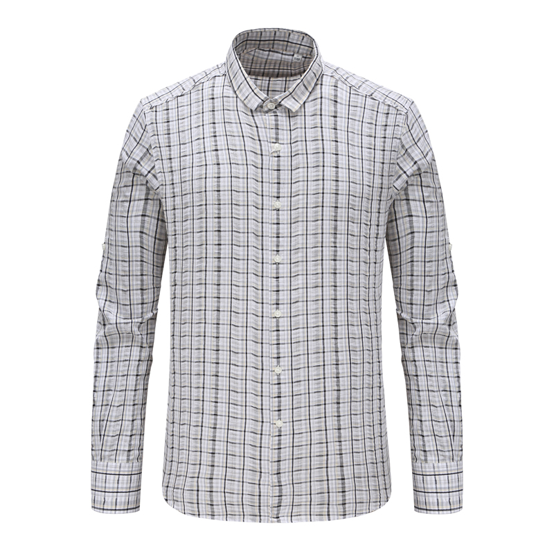 灰黑格子长袖衬衫全棉意大利面料