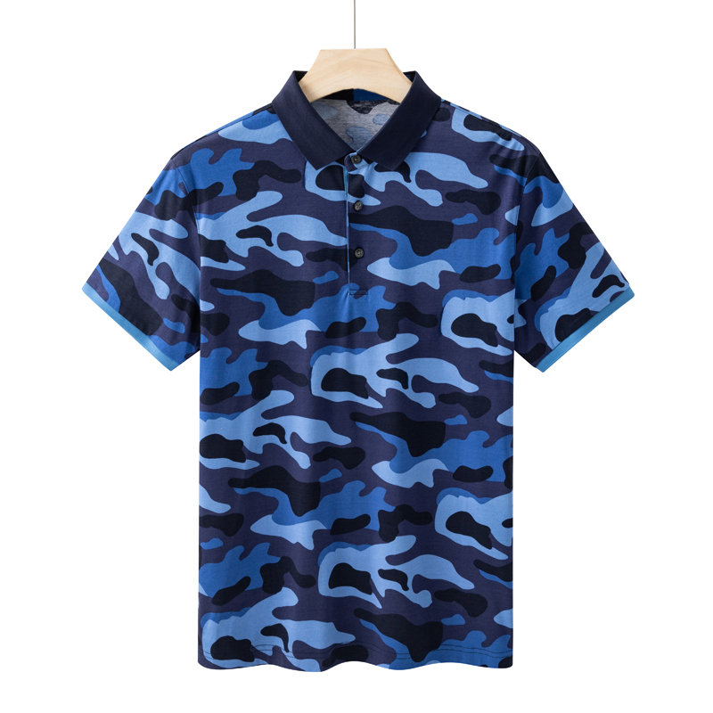 蓝色印花翻领全棉短袖POLOT恤衫