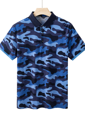 CA90卡断码清仓夏季男士时尚休闲蓝色印花翻领全棉短袖POLOT恤衫