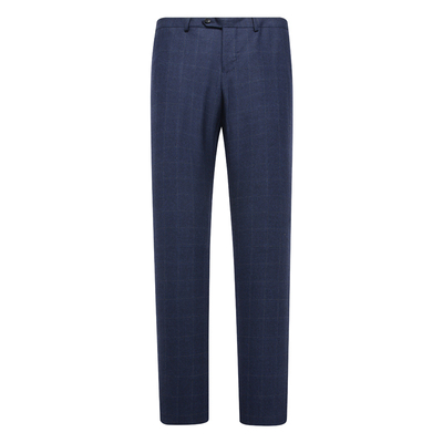 绵羊毛桑蚕丝深蓝格纹单西裤