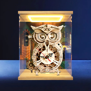 适用ROKR若客猫头鹰座钟桌面diy摆件亚克力展示盒灯光透明防尘罩