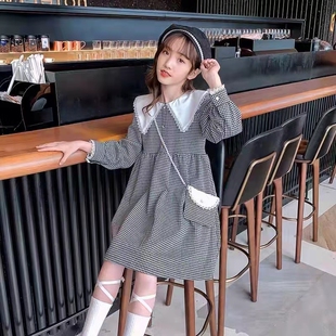 连衣裙女童春季新款娃娃领格子裙韩版休闲甜美中大童千鸟格公主裙