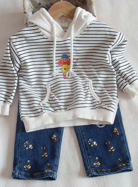 AH宝宝纯棉条纹卫衣春新款男童百搭连帽上衣小童洋气打底衫儿童装