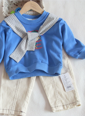 AH蓝色条纹披肩卫衣童装春韩版男宝纯棉套头上衣小男孩外套打底衫