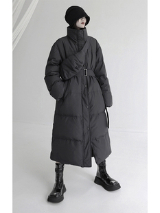 羽绒服女90白鸭绒加厚保暖过膝外套 宽松立领黑色长款 清仓处理