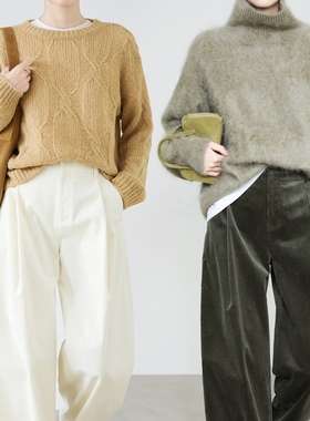 2025新款白色灯芯绒九分裤女秋冬加厚款复古老钱风显瘦条绒阔腿裤