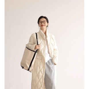 菱形格白鸭绒中长款羽绒服女2025冬季新款腰带设计感加厚保暖外套