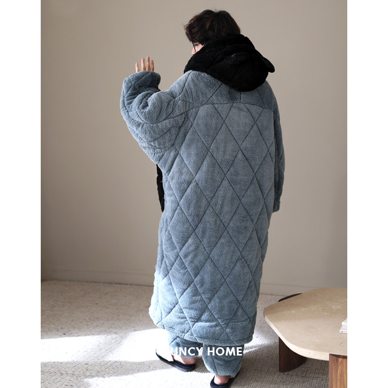 曼系男士睡衣三层夹棉加厚珊瑚绒蓝色睡袍家居服保暖两件套装秋冬