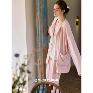 简约纯色薄绒家居服 海岛绒睡衣女秋冬保暖开衫 曼系 粉糯棉花糖