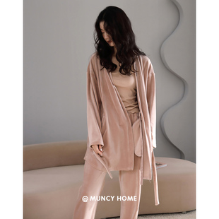 曼系海岛绒睡衣女秋冬珊瑚绒简约粉色居家宽松睡袍加长裤两件套装