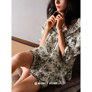 薄款 时尚 曼系纯棉睡衣女夏季 开衫 可外穿家居服宽松简约五分袖 套装