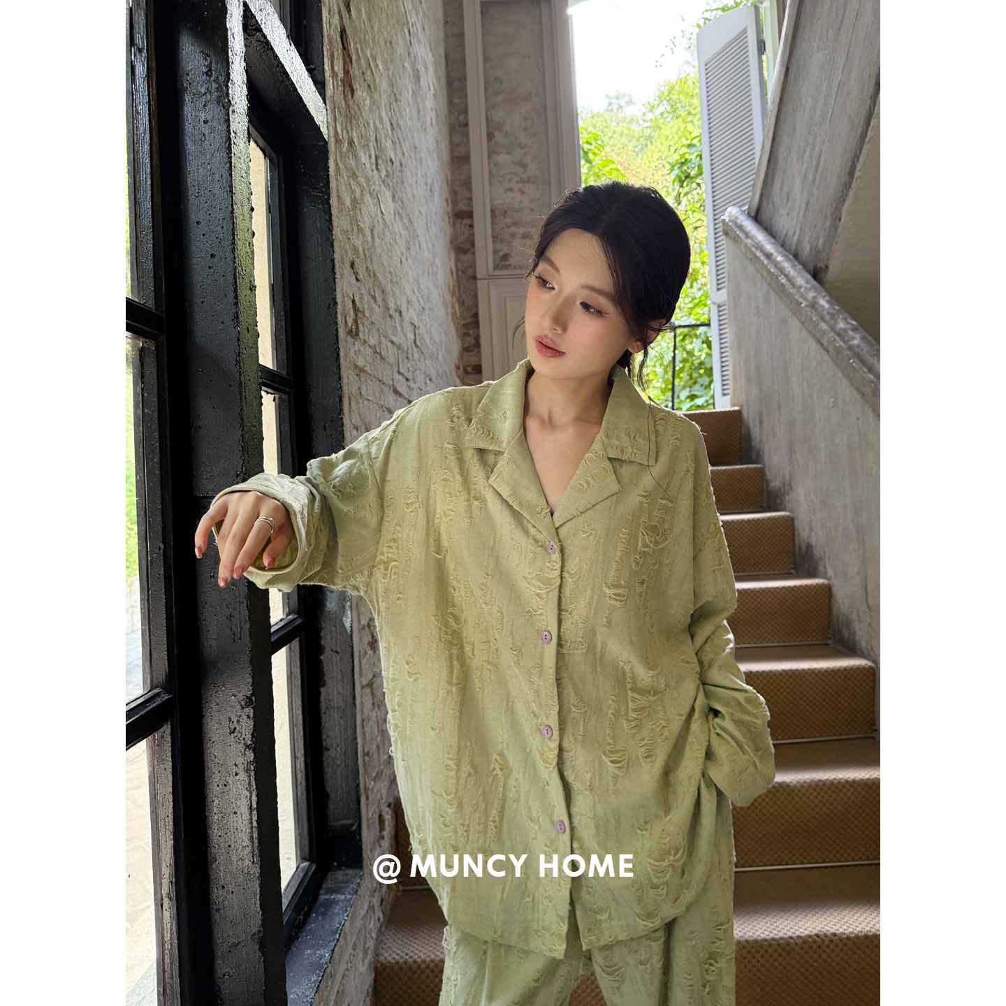 曼系“贵气松弛”淡绿睡衣女春秋季气质长袖剪花设计感柔软家居服,女士内衣/男士内衣/家居服,睡衣/家居服套装,淘宝优惠券,粉丝福利购,淘宝优惠卷