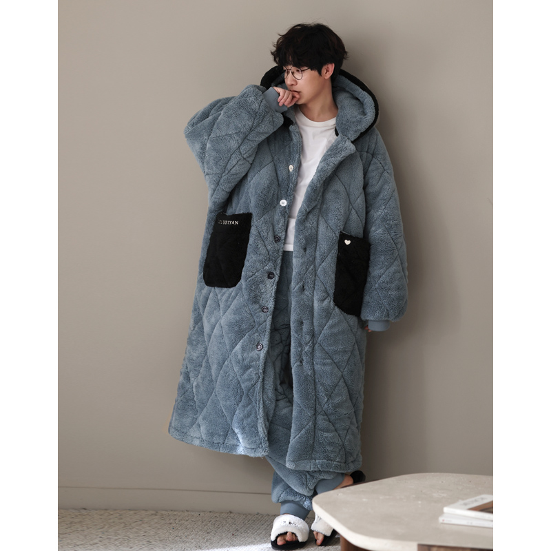 曼系男士睡衣三层夹棉加厚珊瑚绒蓝色睡袍家居服保暖两件套装秋冬,女士内衣/男士内衣/家居服,睡衣/家居服套装,淘宝优惠券,粉丝福利购,淘宝优惠卷