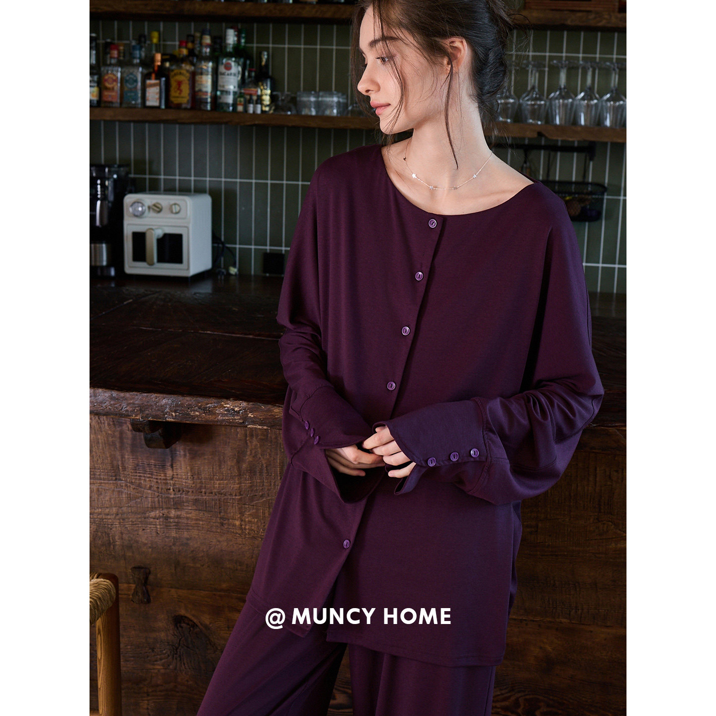 曼系&ldquo;神秘浪漫&rdquo;圆领开衫长袖睡衣女春秋紫色气质高级莱赛尔套装