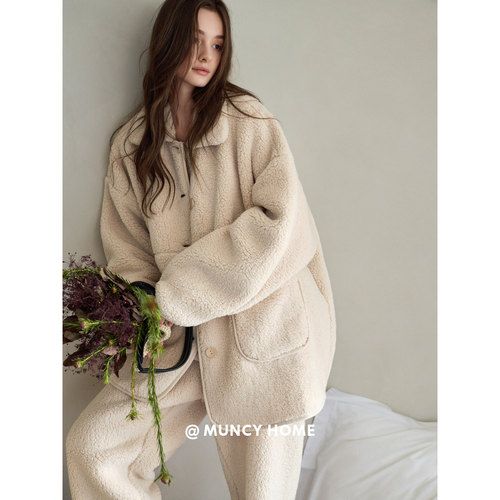 羊羔绒睡衣女秋冬季宽松简约保暖