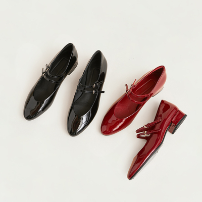 割草机老k 漆皮二字带小圆头中跟玛丽珍鞋浅口单鞋女2025秋冬新款