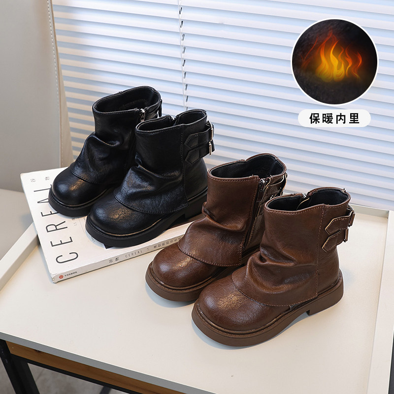 女童二棉马丁靴2026秋冬新款儿童黑色加绒皮靴中大童英伦风机车靴