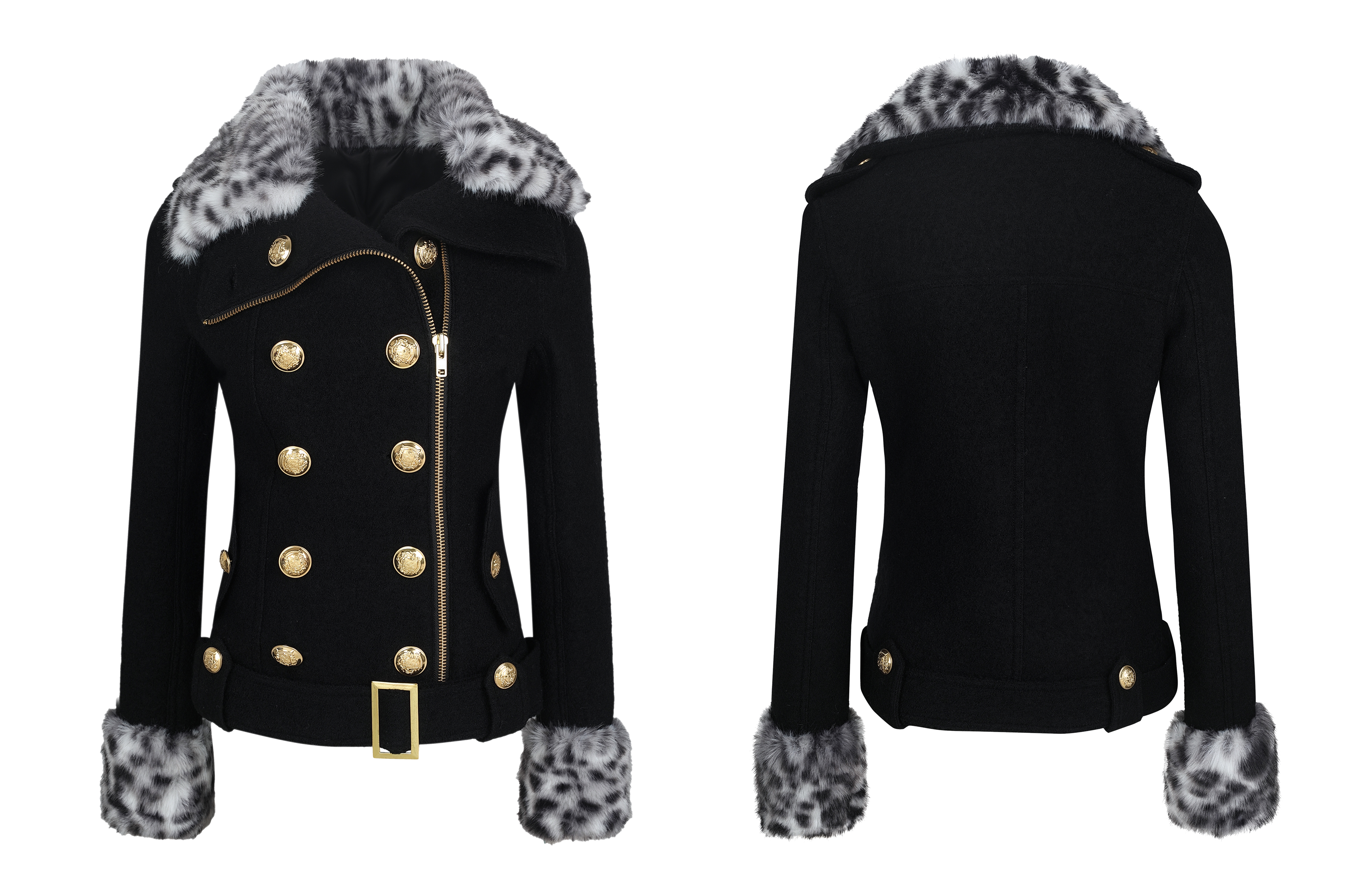 thumbnail for SurgeGlitz Double-Breasted Buckle Diagonal Zipper Detachable Fur Collar Cropped Biker Pure Wool Coat