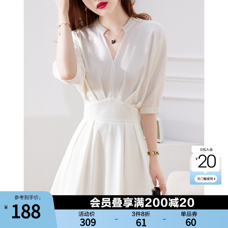 法式V领白色衬衫连衣裙女2024夏季新款气质收腰显瘦高级感中长裙