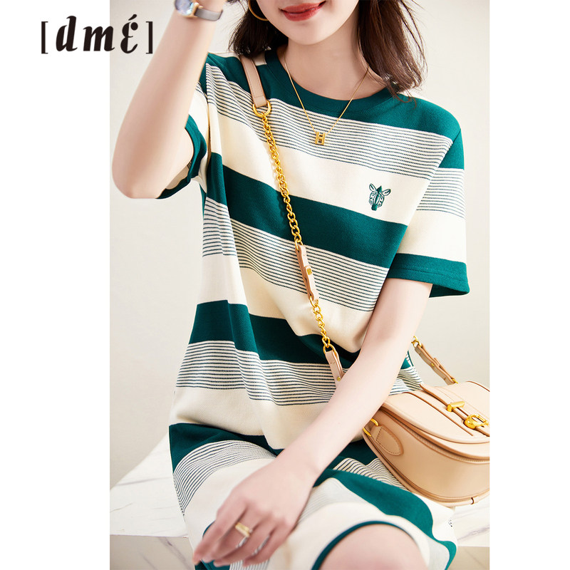 德玛纳2023年春夏新款短袖条纹针织连衣裙女小个子圆领T恤裙休闲