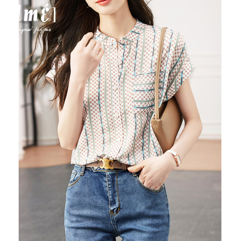 德玛纳印花短袖条纹衬衫女2023夏季新款复古小众设计感雪纺上衣潮