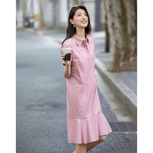 德玛纳甜美荷叶边连衣裙女25夏季 中长A字裙B 新款 气质翻领舒适短袖