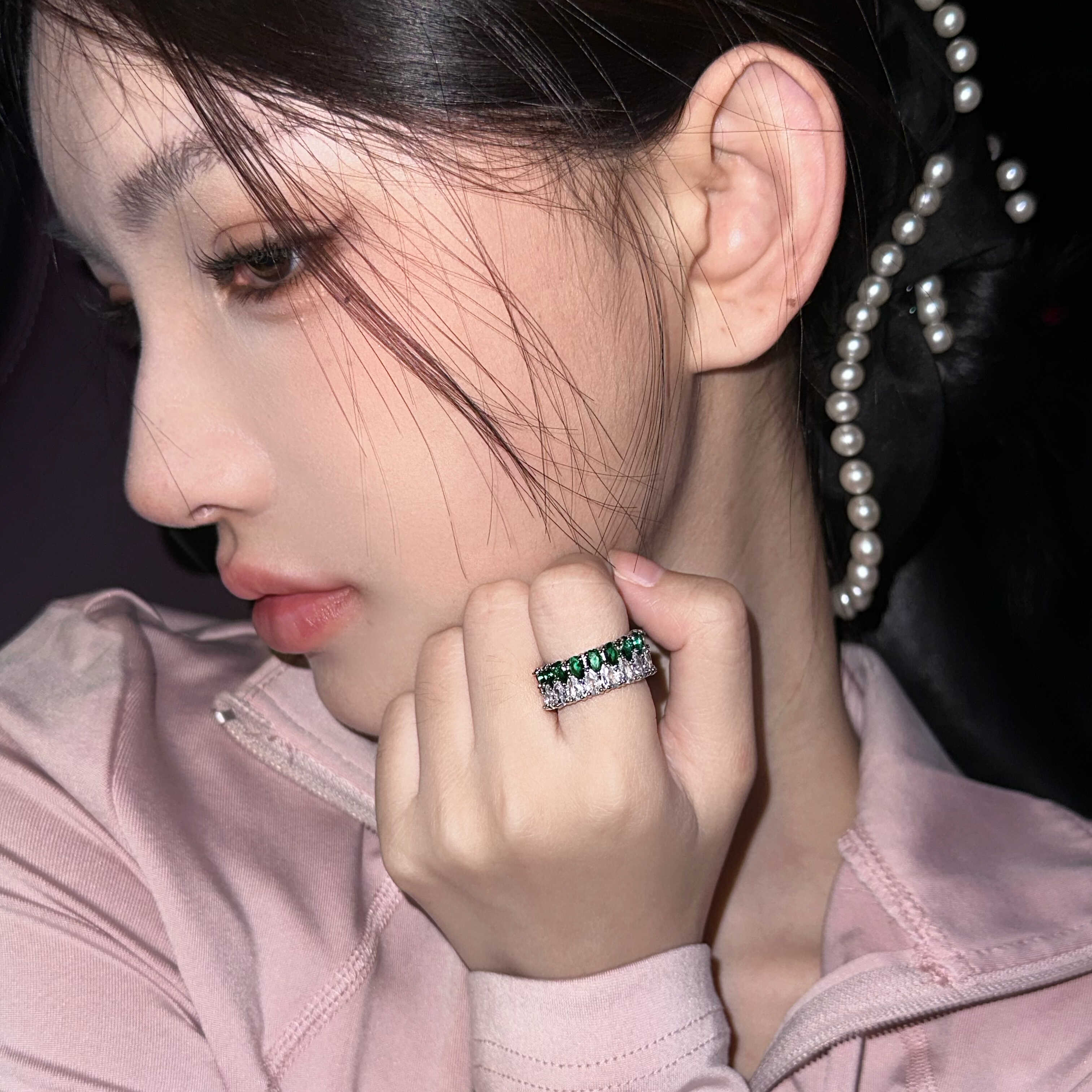 天花板高货系列祖母绿锆石双排钻戒指女轻奢时尚个性时尚女食指戒
