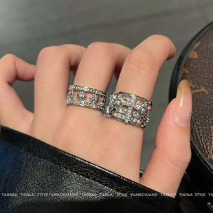 微镶闪钻十字架戒指女时尚个性金属开口重工设计小众可调节指环