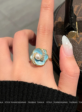 高颜值薄荷叶曼波绿色珍珠戒指女