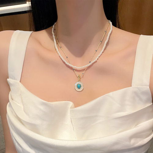 爆款绿松石项链女双层叠戴小众气质百搭高级感设计珍珠锁骨链百搭
