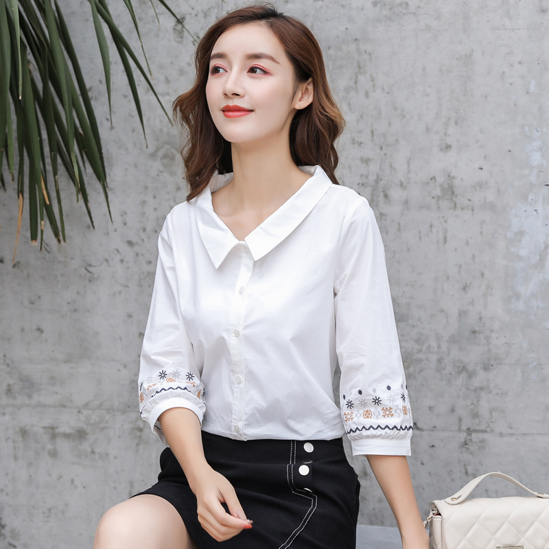 小清新刺绣白衬衫女新款七分袖娃娃领纯棉衬衣百搭甜美上衣夏