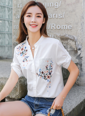 纯棉刺绣白衬衫女短袖夏装百搭v领绣花上衣新款韩版宽松休闲衬衣