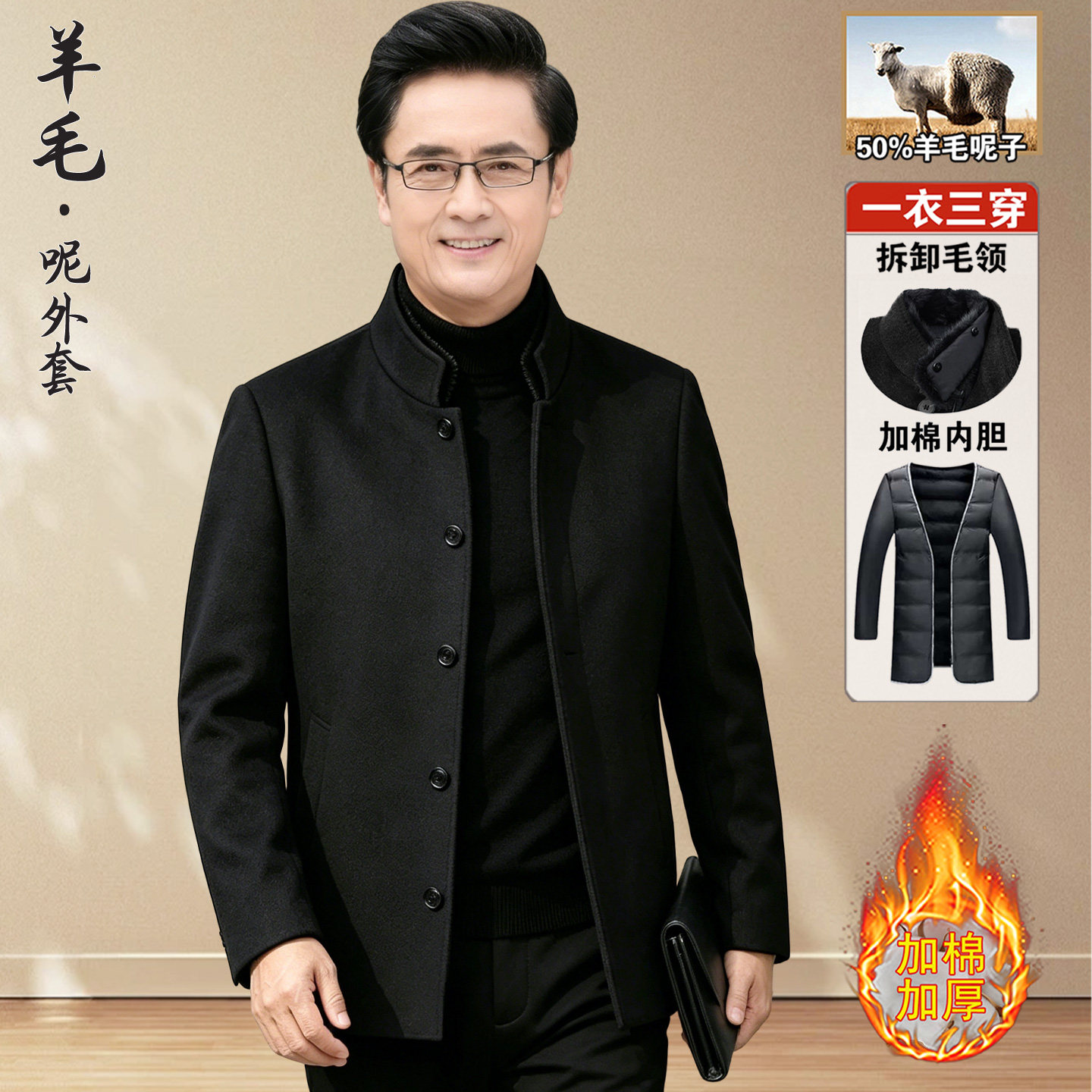 中老年毛呢外套男加绒加厚爸爸羊毛大衣立领老年人爷爷冬季棉衣服