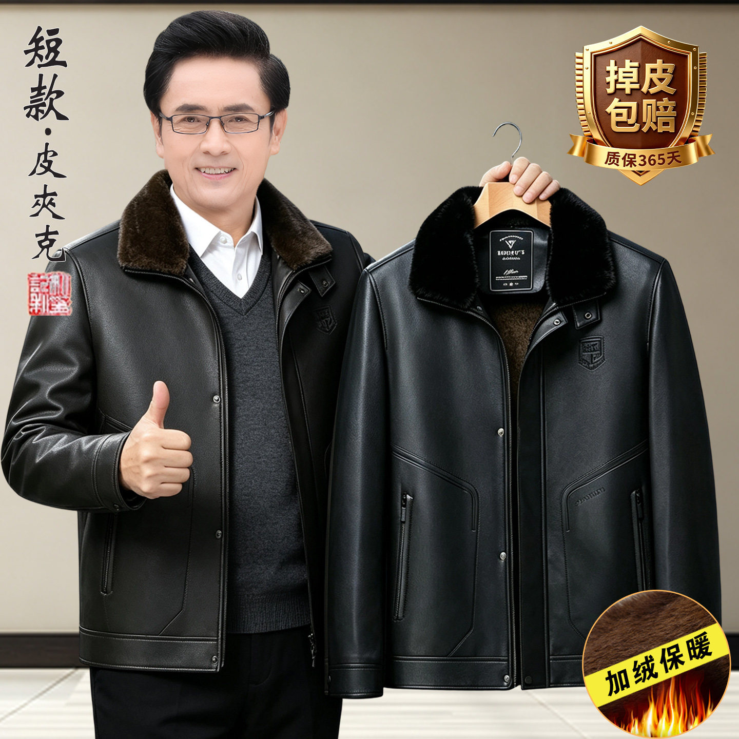 短款中年爸爸皮衣加绒加厚中老年人男士冬季皮夹克外套爷爷皮棉袄