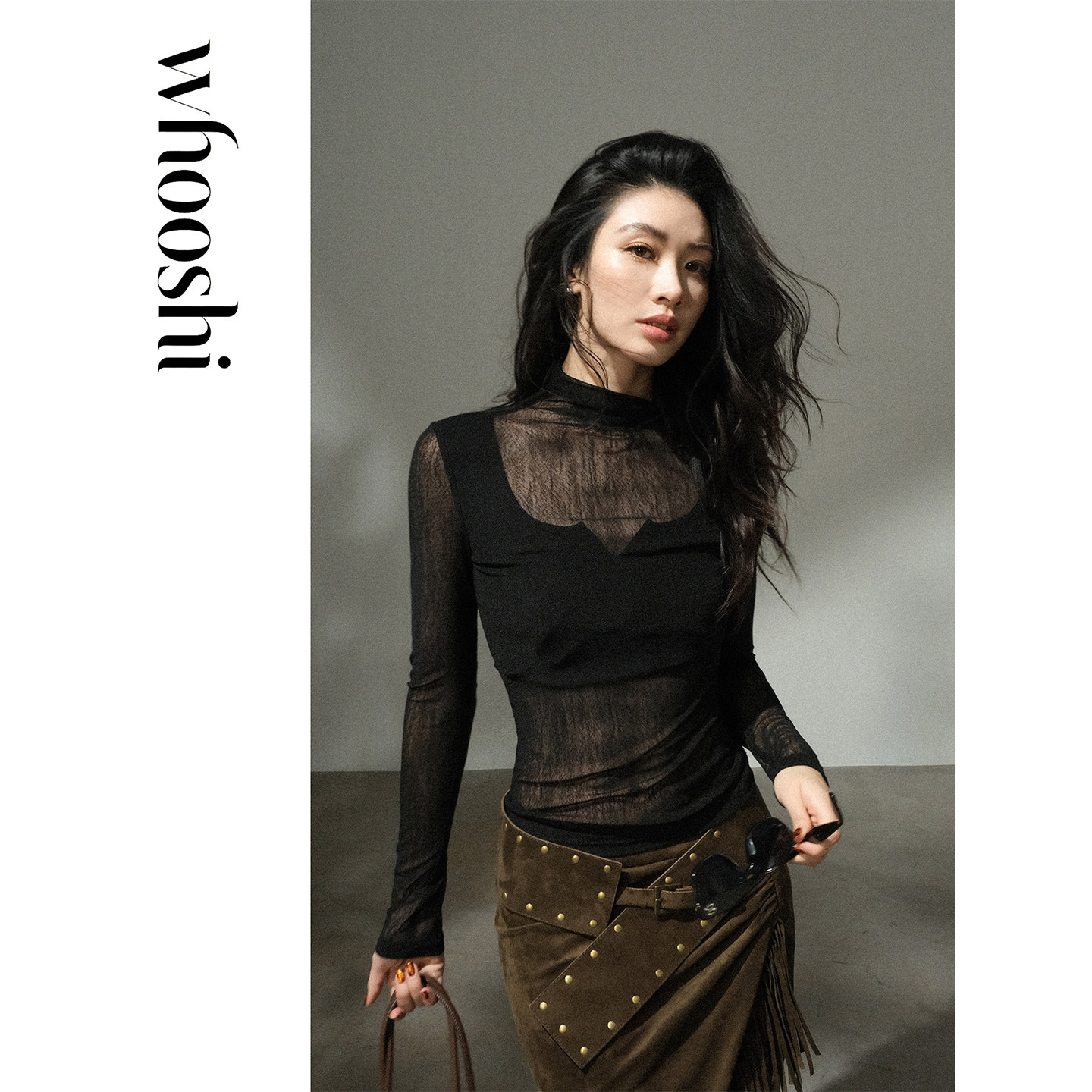 Whooshi半高领网纱透视长袖T恤女 含背心两件套修身内搭上衣